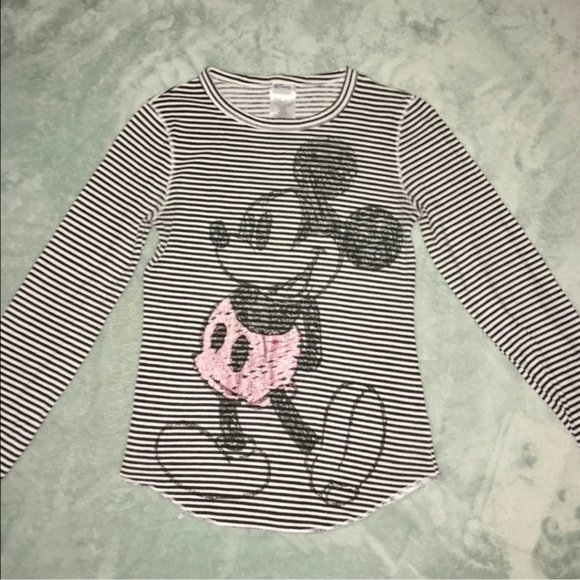 Disney Micky Mouse Top Waffle Knit Black White Striped Girls Size Medium Shirt - Picture 4 of 6